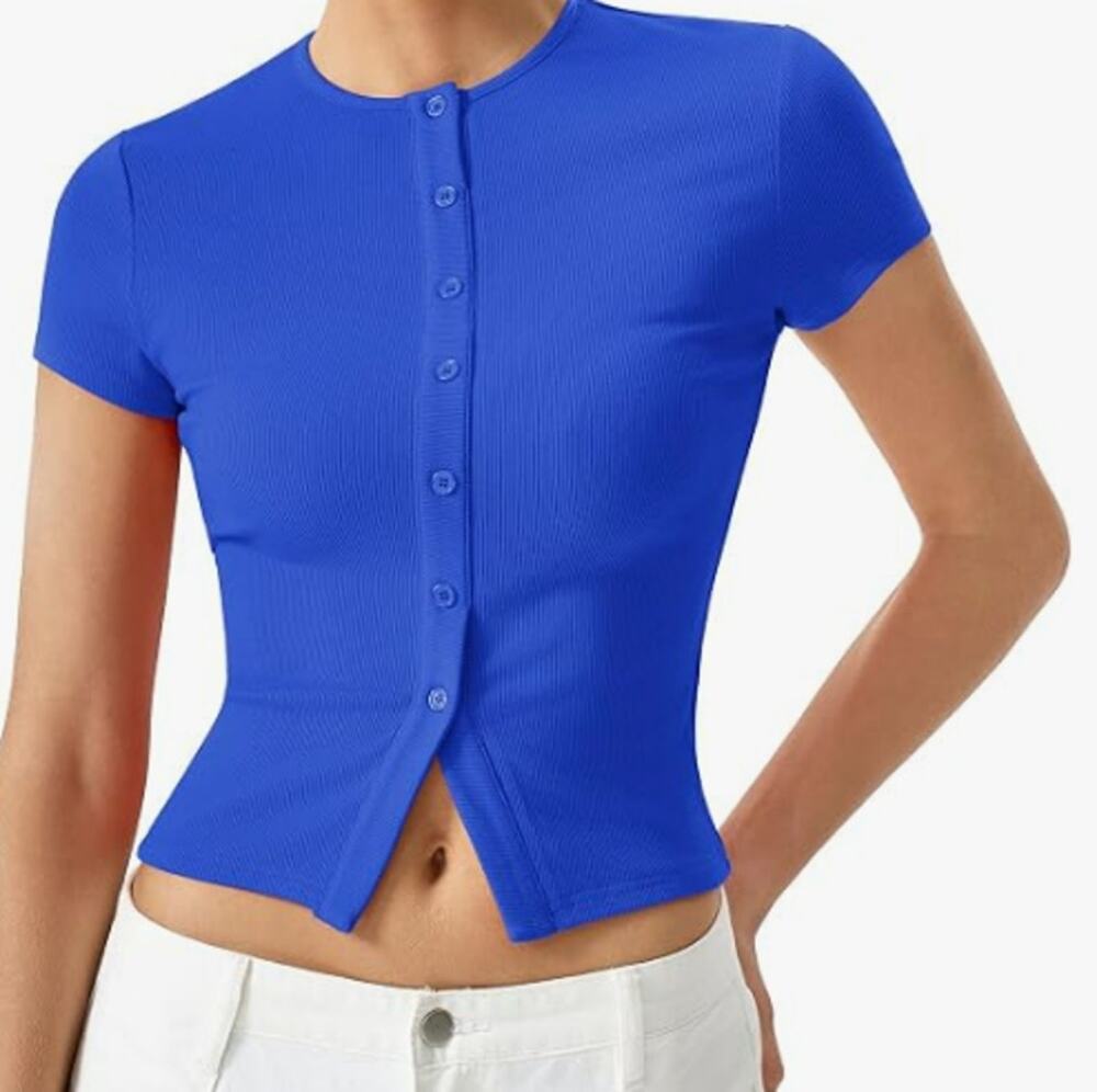 NWT Qinsen Ribbed Cap Sleeve Top Sapphire Blue [Size] Slim Fit Button Knit Shirt